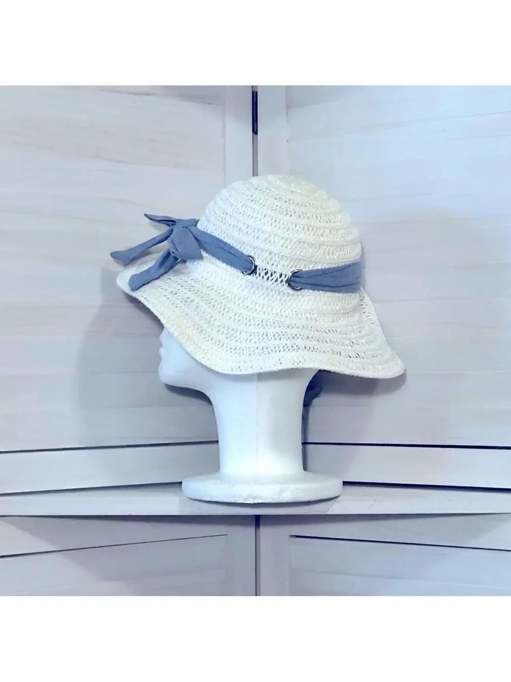 Off White Woven Wide Brim Kids Summer Hat OS